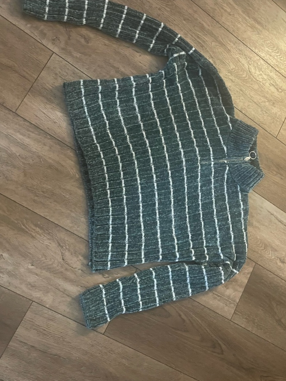 Pink Rose Gray Ribbed Stripe Half-Zip Sweater